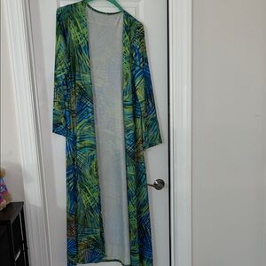Tropical Print Long Kimono Duster - Blue & Green